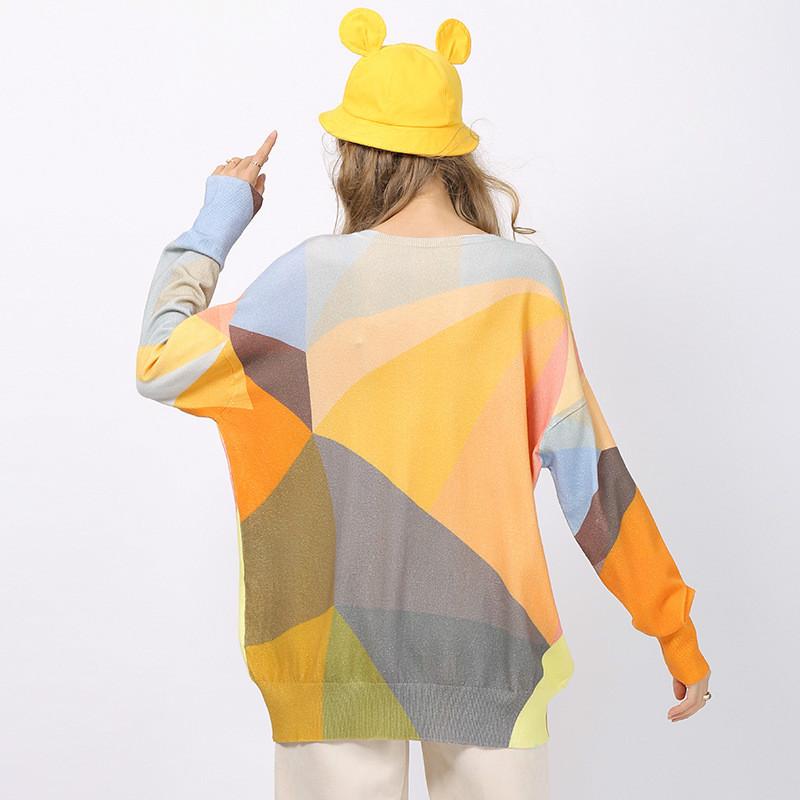 Fashion Stitching Printed Sweater Women'S European And American Large Pullover Long Sleeve Crew Neck Loose Knit