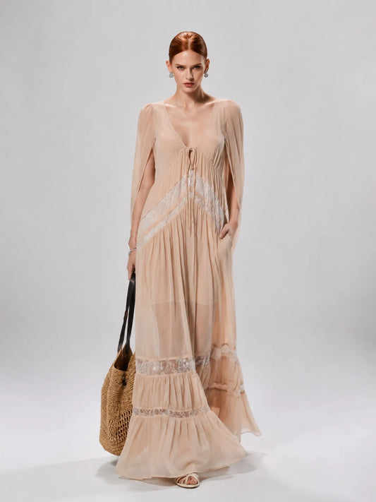 Elara Sheer Mesh and Lace Panel Maxi Dress