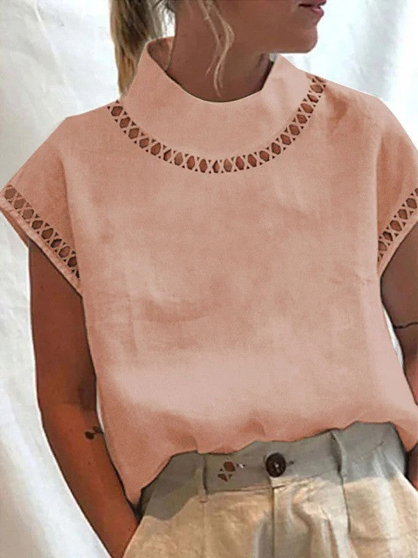 Casual Hollow Out High Neck Short Sleeve Blouse