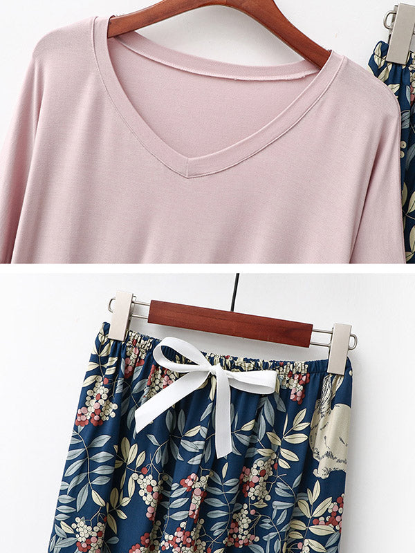 Casual Loose Seven-Quarter Sleeves V-Neck Shirts& Printed Pants Pajama Sets