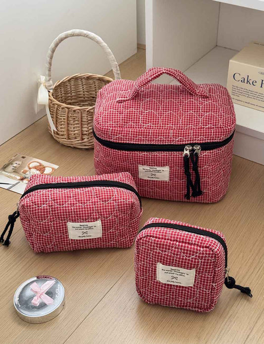 Color Block Heart Plaid Quilted Makeup Bag