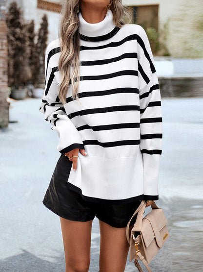 Loose Wrap Contrast Color Split-Side Striped High-Neck Sweater Tops