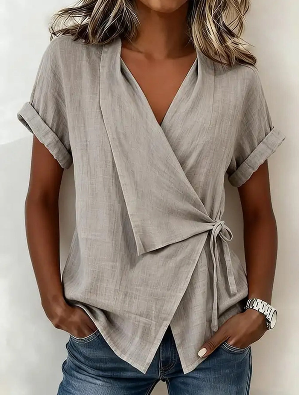 Wrap Tie Waist Linen Blend Short Sleeve V-Neck Blouse