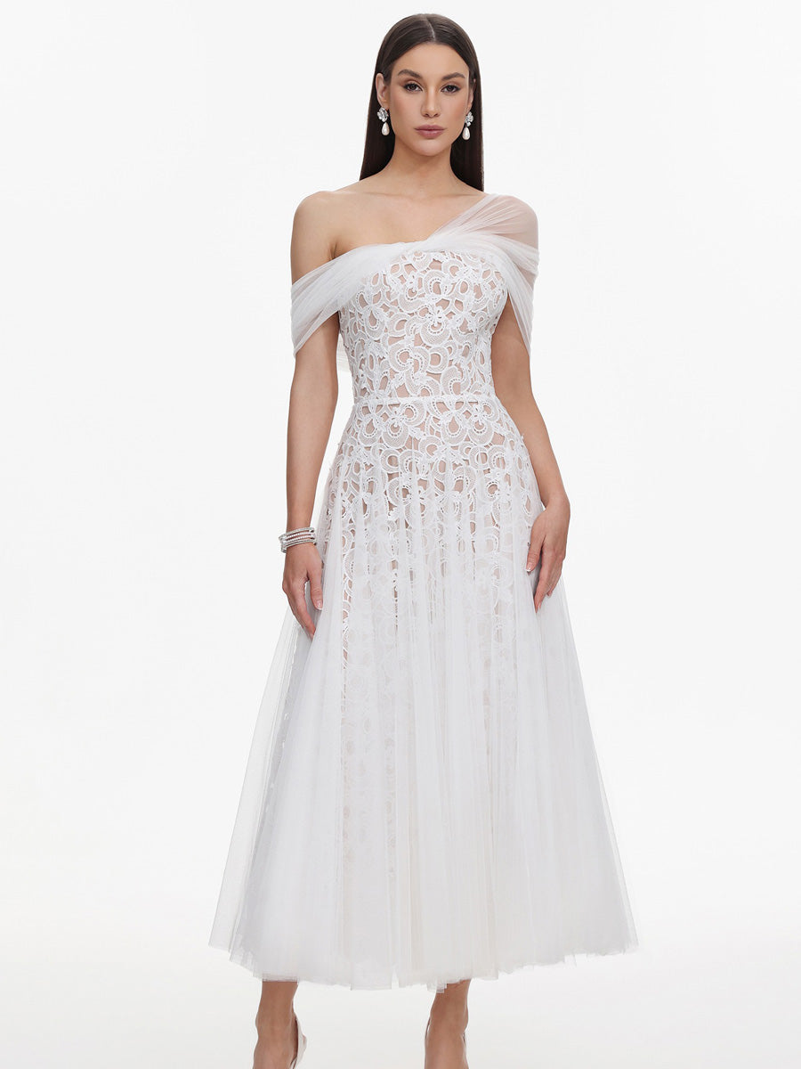 Liliana Elegant Tailored Off Shoulder Lace Tulle Maxi Dress