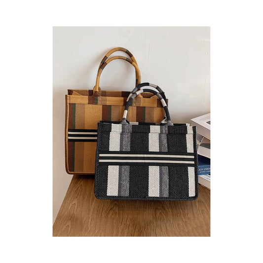 Vintage Contrast Color Striped Two Size Tote Bag