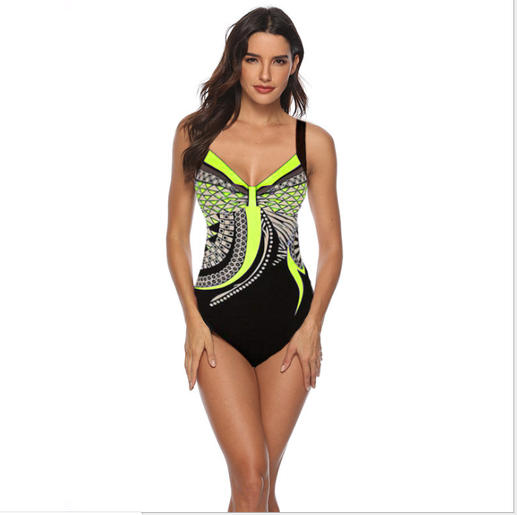 New Female High Waist One-Piece Swimsuit Chic Print V-Neck Sleeveless Slim Plus Size Sling One-Piece Swimwear