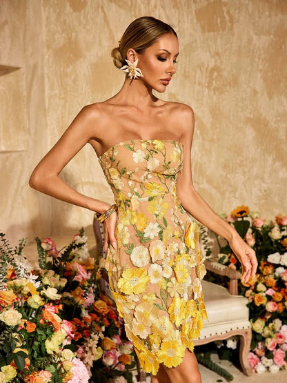 Alirio Strapless Embroidered Flower Mini Dress