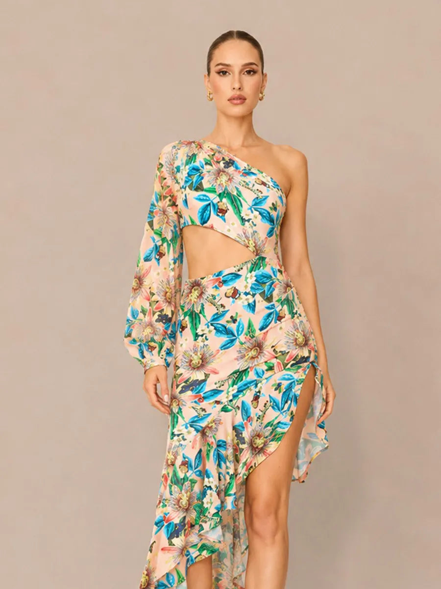 Cassidy Floral Asymmetric One-Shoulder Ruffled Maxi Dress