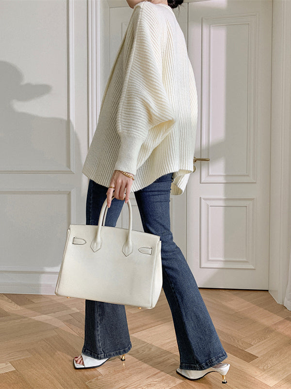 Irregularity Loose Solid Color Batwing Sleeves Round-Neck Sweater Tops