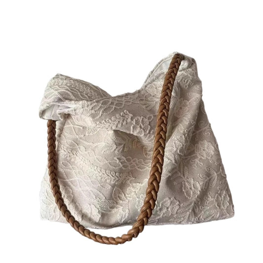 Cosbai - Embroidered Flower Shoulder Tote Bag - Basic &amp; Simple