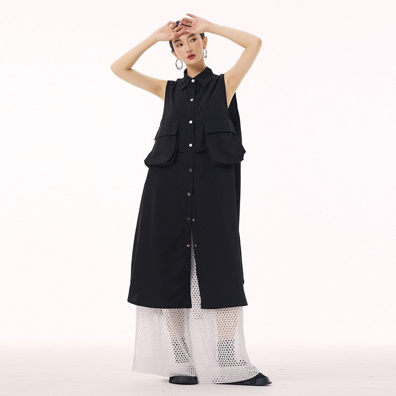 Polo Collar Vest Dress With Large Pocket