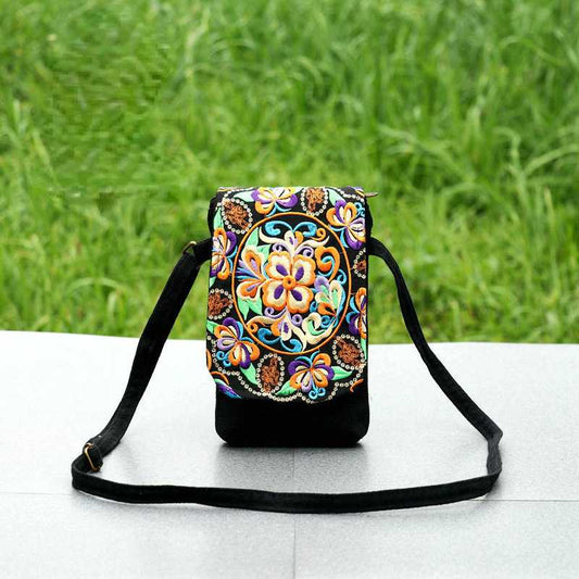 New Ethnic Embroidery Canvas Embroidered Double-Layer Mobile Phone Bag Change One-Shoulder Messenger Bag