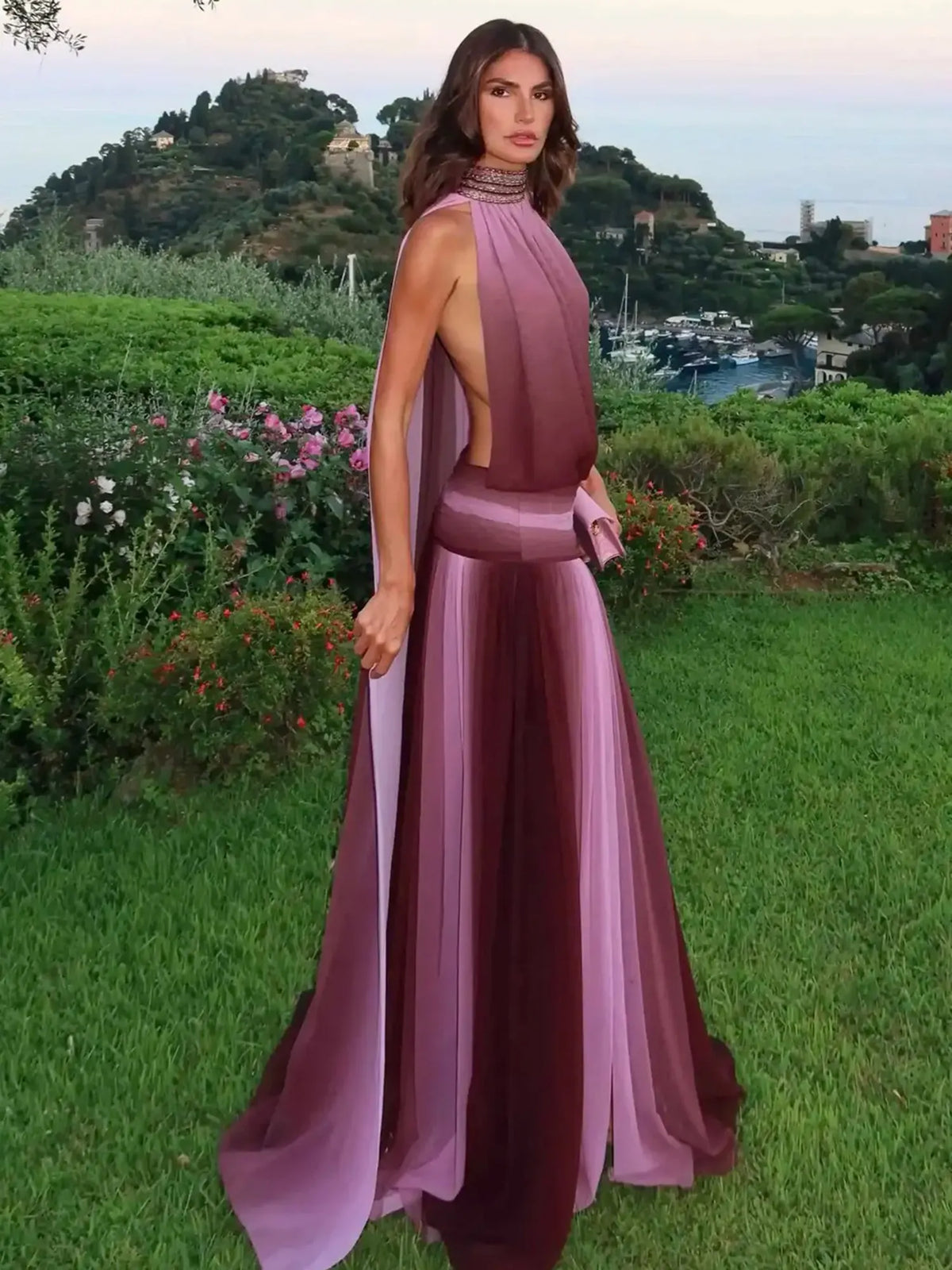 Nyla Halter Neck Draped Cape Maxi Dress