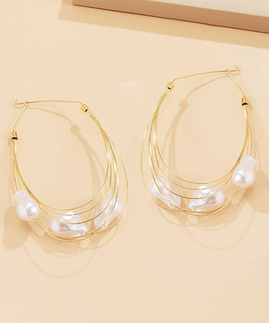 Oversize Gold Multi Layer Metal Pearl Drop Earrings