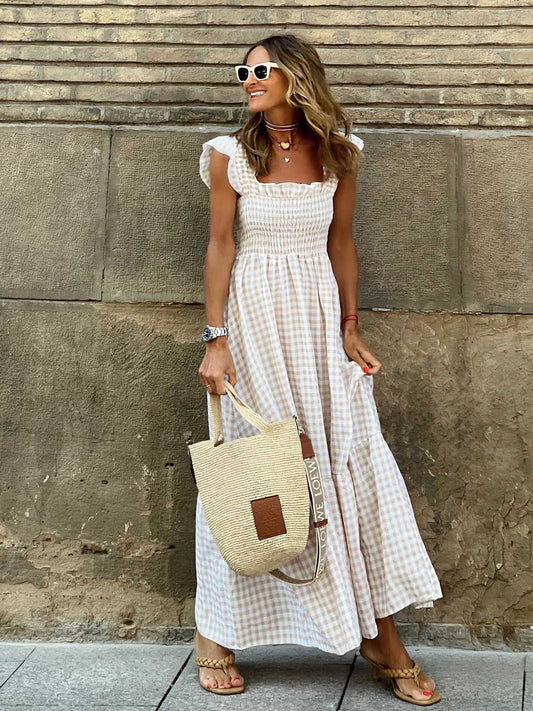 Summer Women'S Collage Plaid Suspenders Casual Swing Dress Women