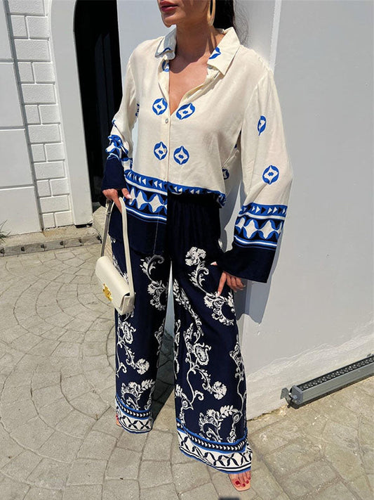 Loose Buttoned Long Sleeves Lapel Blouses & Printed Casual Pants Suits