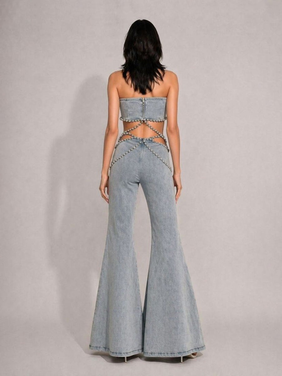 Aislinn Rhinestone-Embellished High-Waisted Denim Two Piece Set
