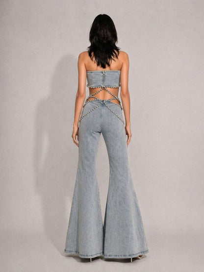 Aislinn Rhinestone-Embellished High-Waisted Denim Two Piece Set