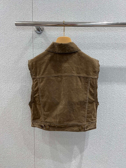 Miumiu 2026 Denim Short Vest Jacket Brown Cotton