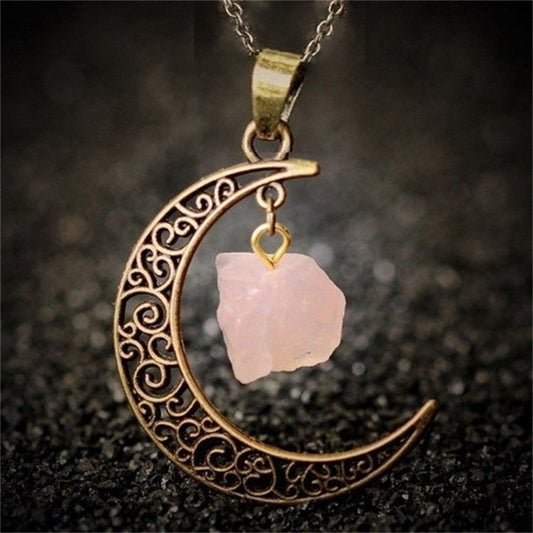 Natural Stone Crystal Necklace Vintage Moon Alloy Sweater Chain
