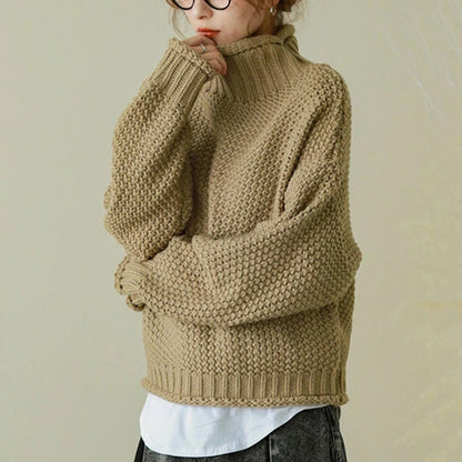 Long Sleeves Loose Solid Color High Neck Knitwear Sweater