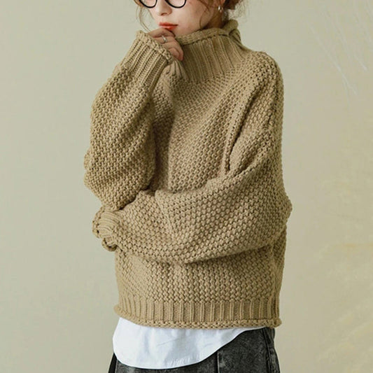 Long Sleeves Loose Solid Color High Neck Knitwear Sweater