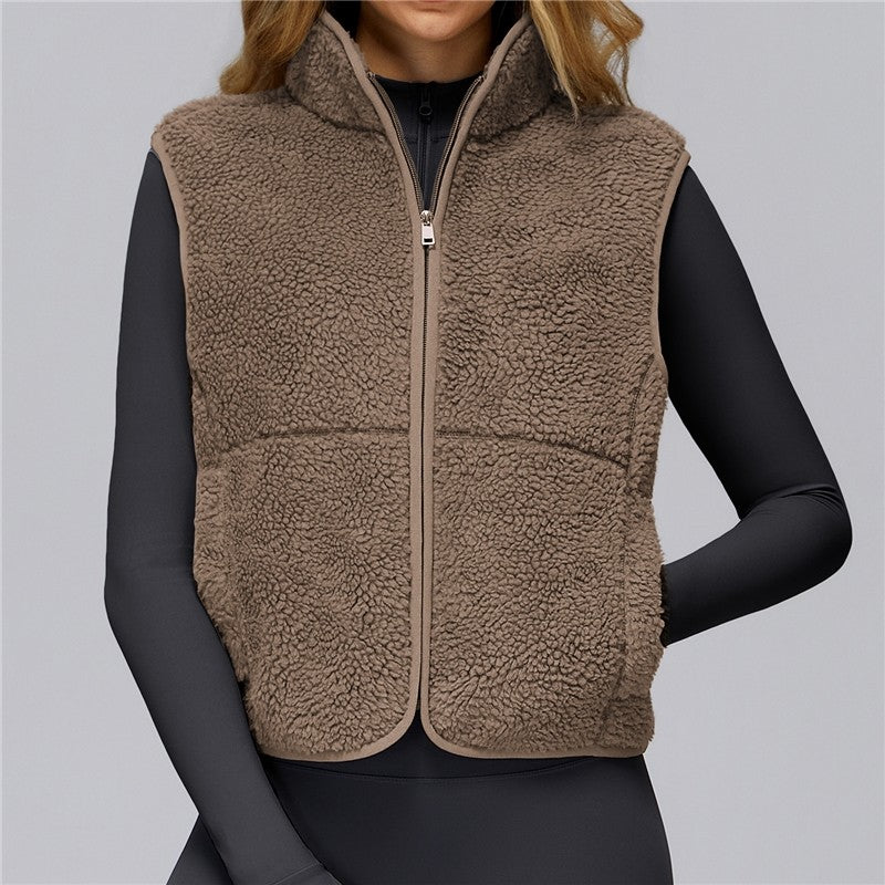 Solid Color Stand Collar Fleece Sports Vest