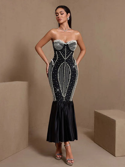 Katia Pearl Embroidered Fishtail Bandage Maxi Dress