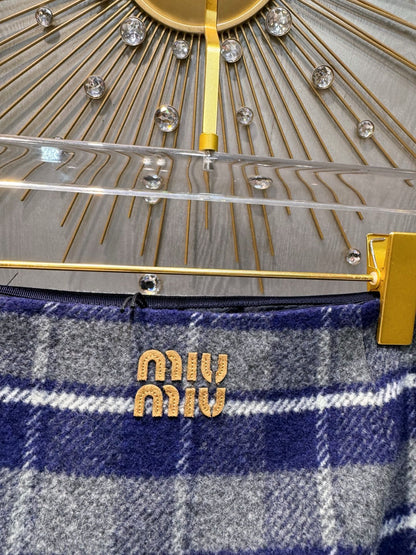 Miumiu 2026 Plaid Midi Skirt Blue-Gray Wool Viscose
