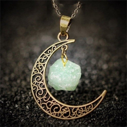 Natural Stone Crystal Necklace Vintage Moon Alloy Sweater Chain