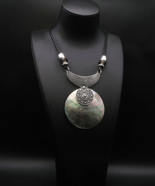 Vintage Silk Sterling Silver Metal Inlaid Shell Pendant Necklace