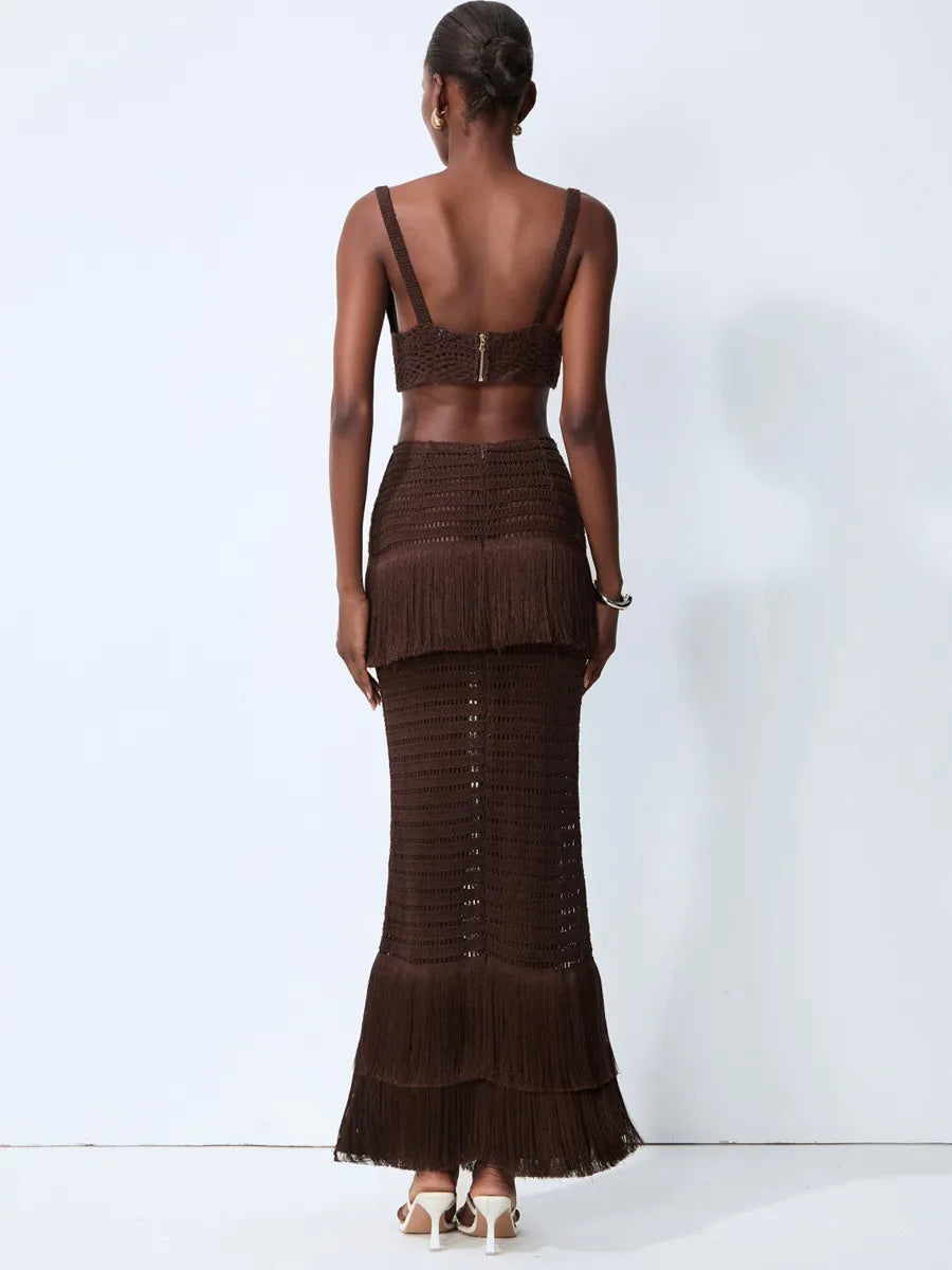 Julia Brown Crochet Knit Top & Fringe Skirt Set