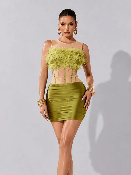 Victoria Sleeveless Feather-Trimmed Bodycon Mini Dress