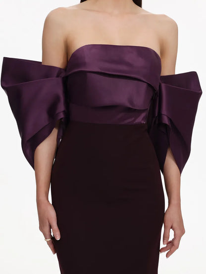 Kira Elegant Tailored Off Shoulder Pleated Satin Maxi Dress