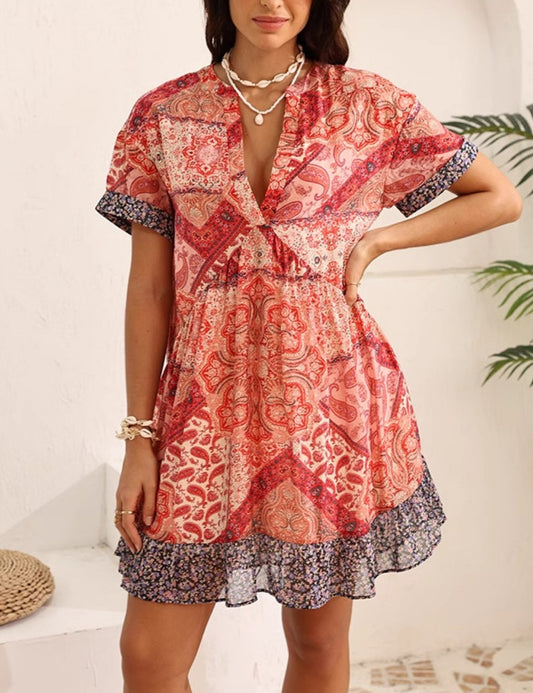 Bohemian V-Neck Print Chiffon Mini Dress