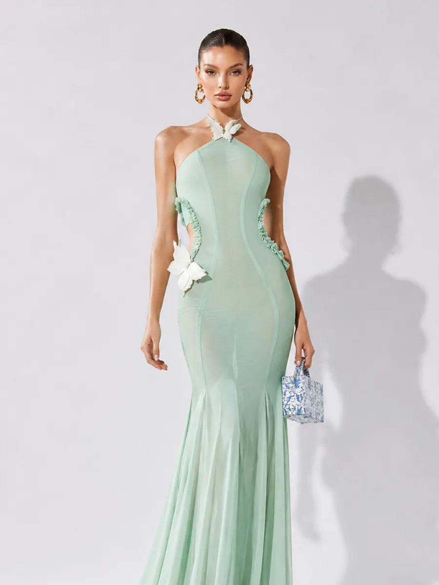 Yasmine Butterfly-Embellished Cut-Out Halter Maxi Dress