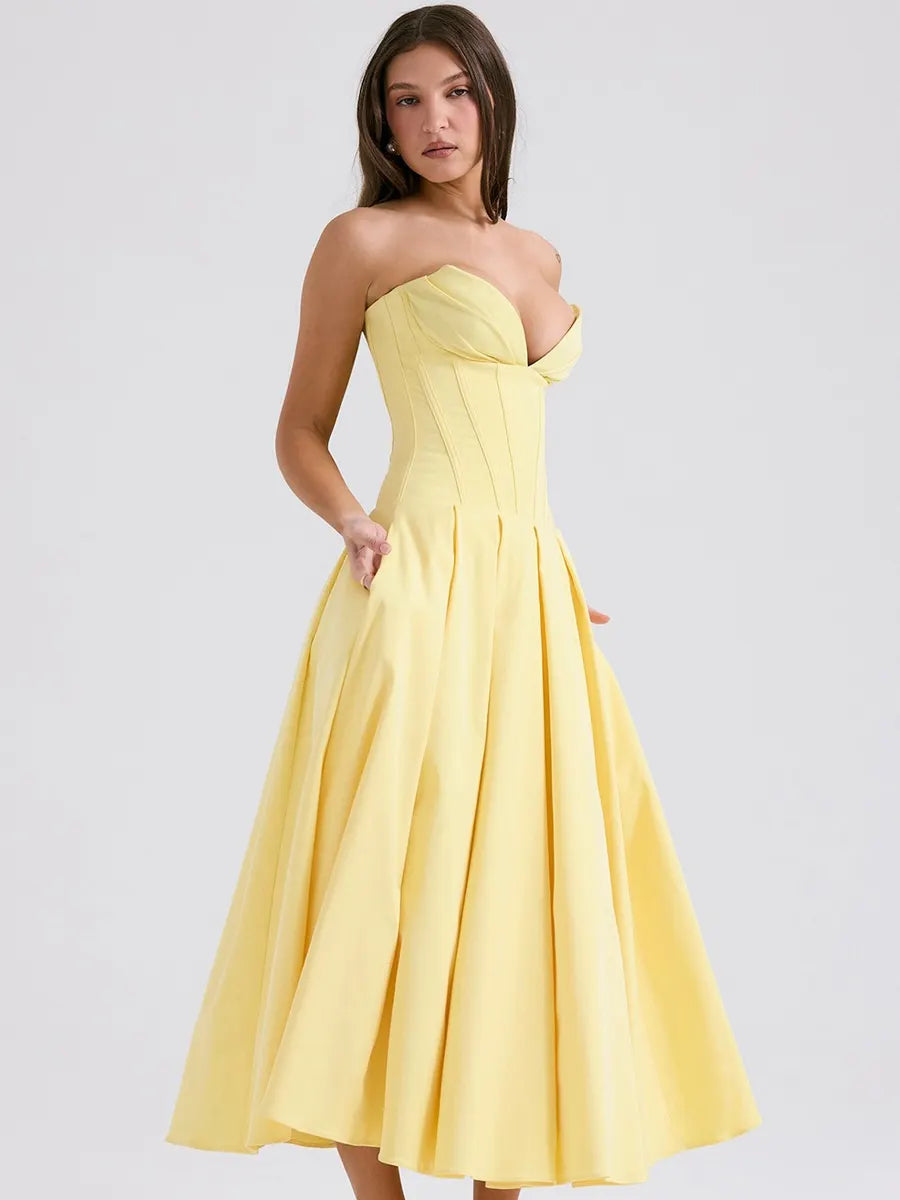 Ruby Off-Shoulder Corset Midi Dress In Yellow