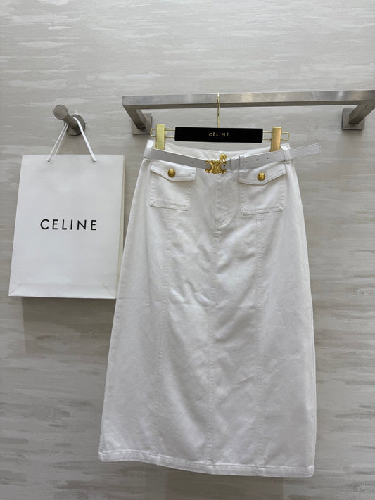 Celine 25 Denim Skirt with Logo Belt White Cotton