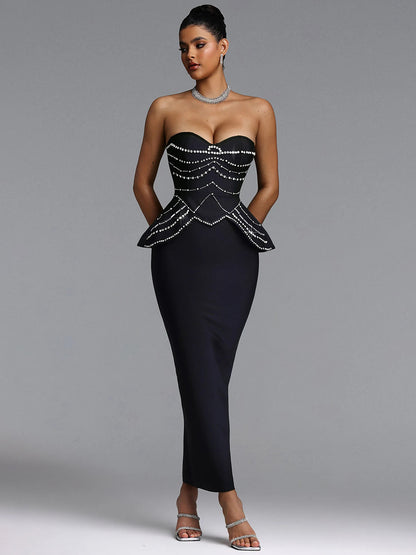 Kim Crystal-Embellished Strapless Peplum Midi Dress