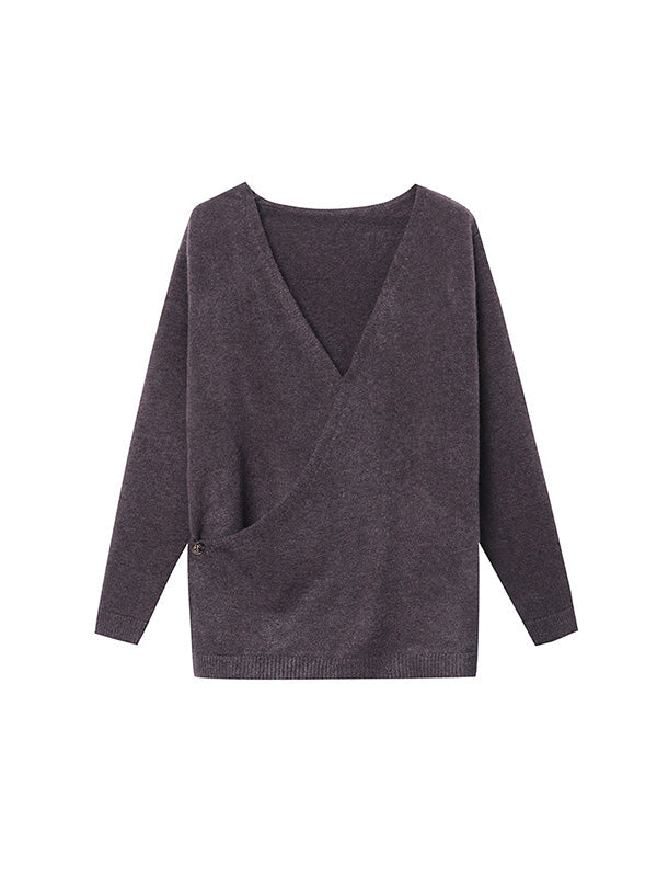 Long Sleeves Loose Asymmetric Buttoned V-Neck Cardigan Tops