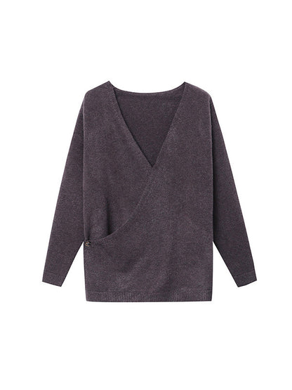 Long Sleeves Loose Asymmetric Buttoned V-Neck Cardigan Tops