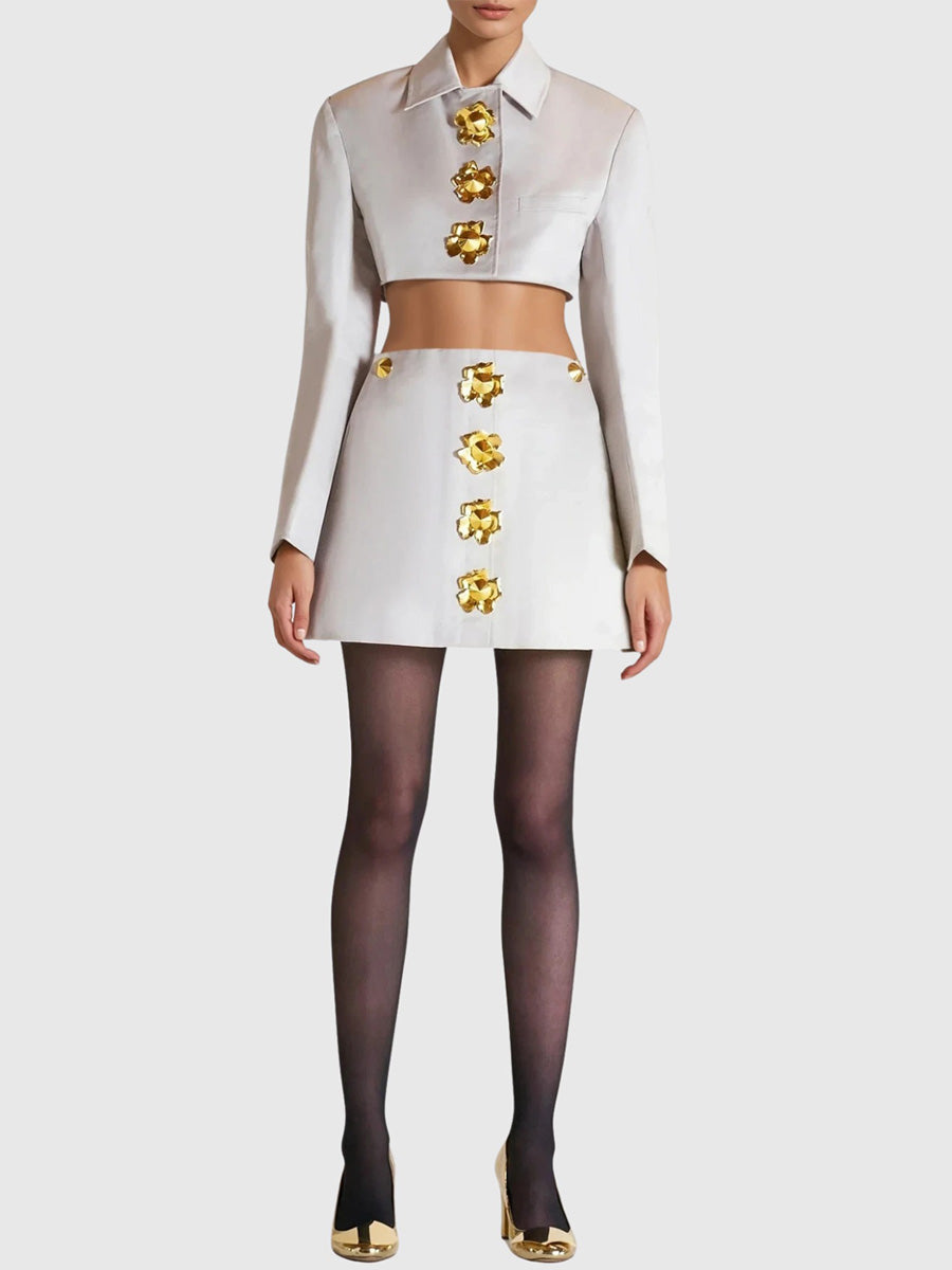 Inez Metal-Buttoned Shirt Skirt Set