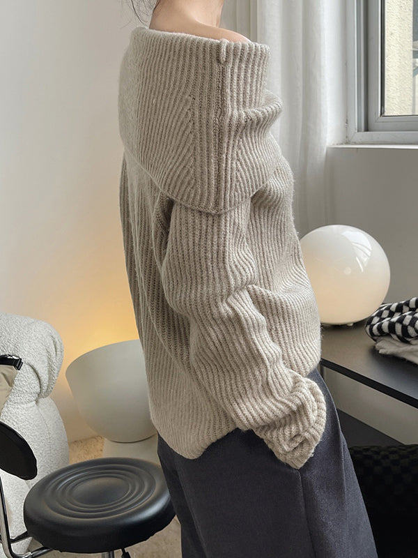 Casual Loose Long Sleeves Solid Color Lapel Sweater Tops