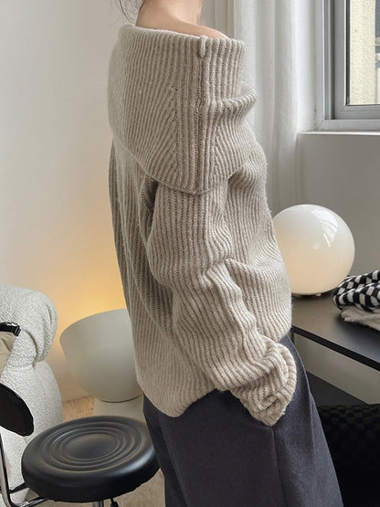 Casual Loose Long Sleeves Solid Color Lapel Sweater Tops