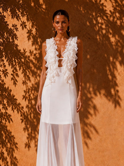 Sadie Pleated Ruffled Mesh Maxi Dress