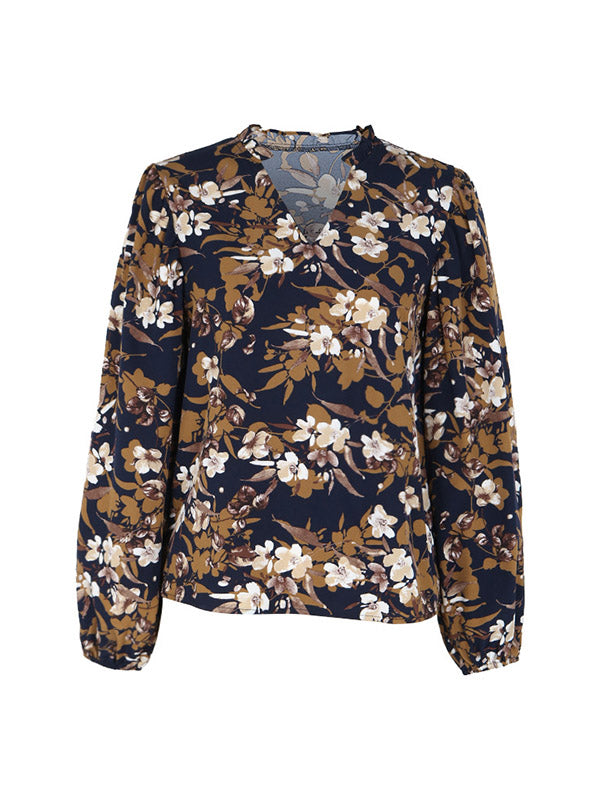Long Sleeves Loose Flower Print V-Neck Blouses&Shirts Tops