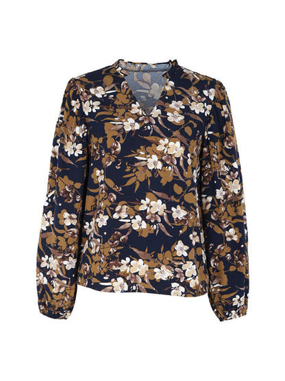 Long Sleeves Loose Flower Print V-Neck Blouses&Shirts Tops