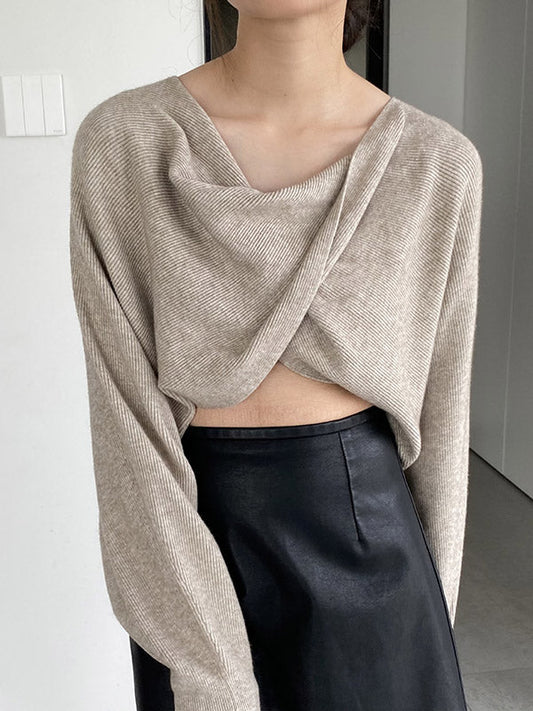 Batwing Sleeves Long Sleeves Knot Solid Color V-Neck Pullovers Sweater Tops