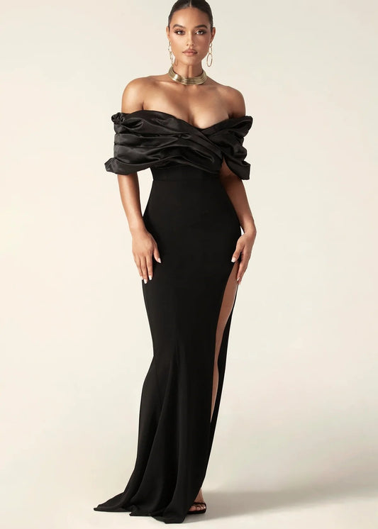 Off Shoulder Satin Evening Gown With Thigh Slit
