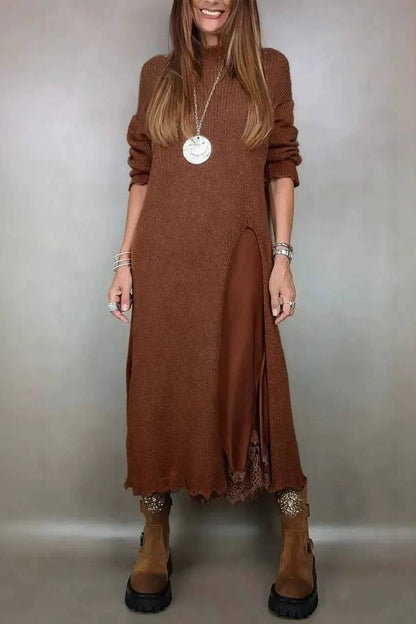 Retro knitted slit two-piece long skirt